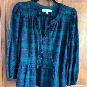 LOFT 3/4 sleeve, peplum top. Blue / Green plaid size M